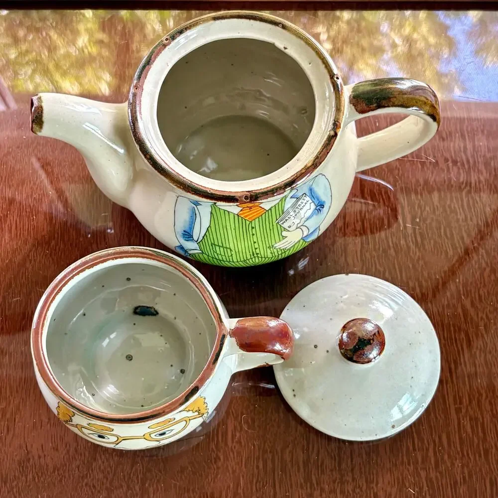 Vintage Tea for One Set, Mustache Man Stackable Teapot & Mug